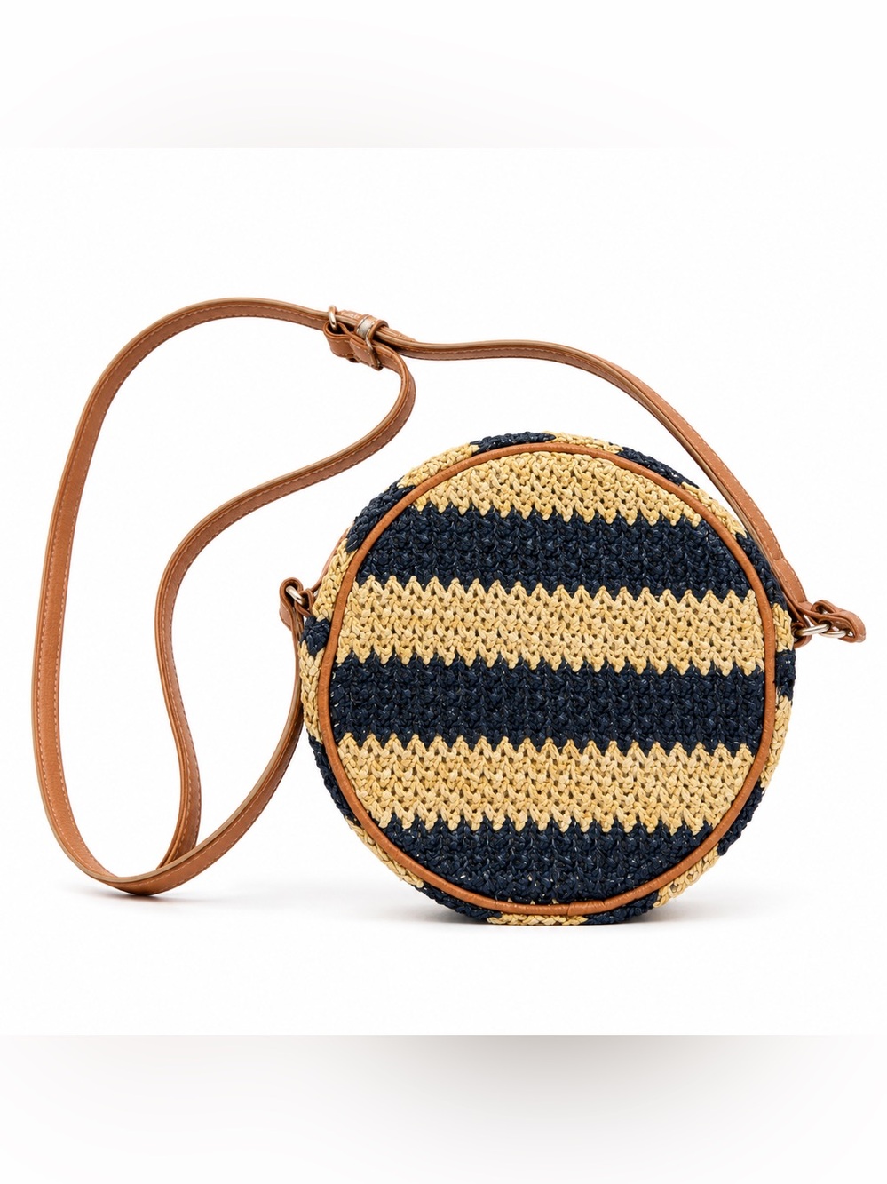 Jewel Round Woven Crossbody Bag in Navy and Tan with Adjustable Strap